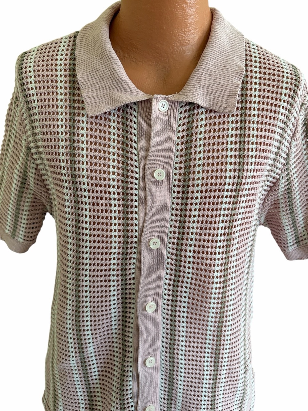 MASSIVE LUXURY CROCHET KNIT BUTTON UP POLO SHIRT Medium Dusty Pink Olive Cream